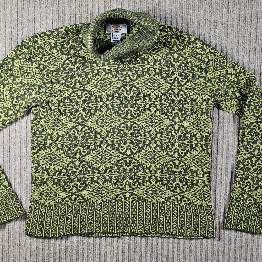 Vtg Talbots Green Nordic Fair Isle Cotton Wool Turtleneck Sweater S Medallion